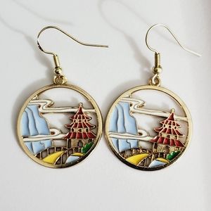 Asian scene earrings handmade 925 sterling silver gold plated enamel Chinese
